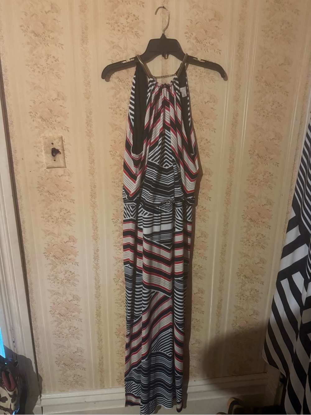 Striped Halter Maxi Dress in Navy Blue, Gold,White & Red